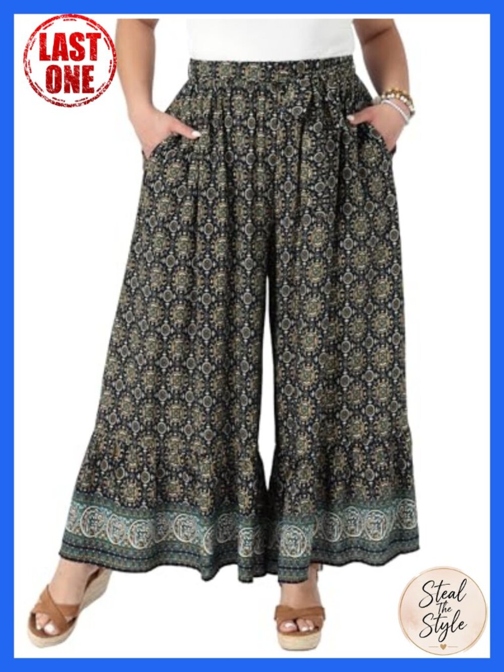 Plus Size Boho Palazzo Wide Leg Pants with Belt and Pockets - Flowy Rayon